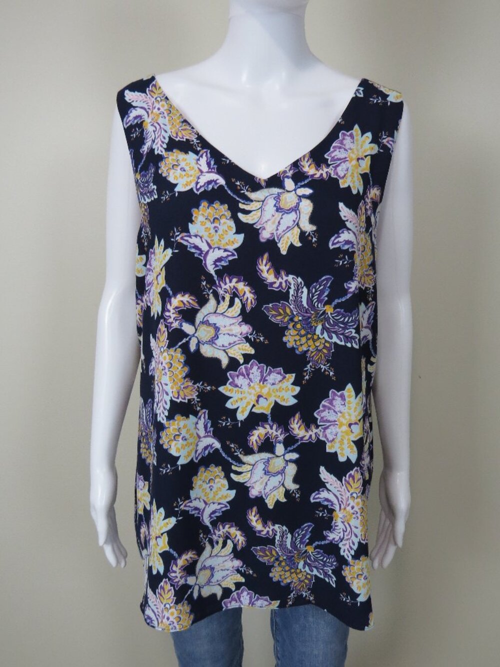 NEW Chico's Reversible Tank Floral to Geo Circles SIZE 3 (US 16/18) Navy Blue